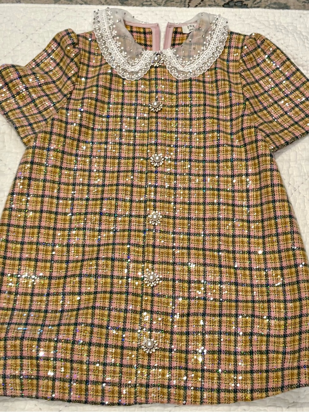 Sister Jane Pink and Mustard Tweed Dress with Lace & Pearl Detail